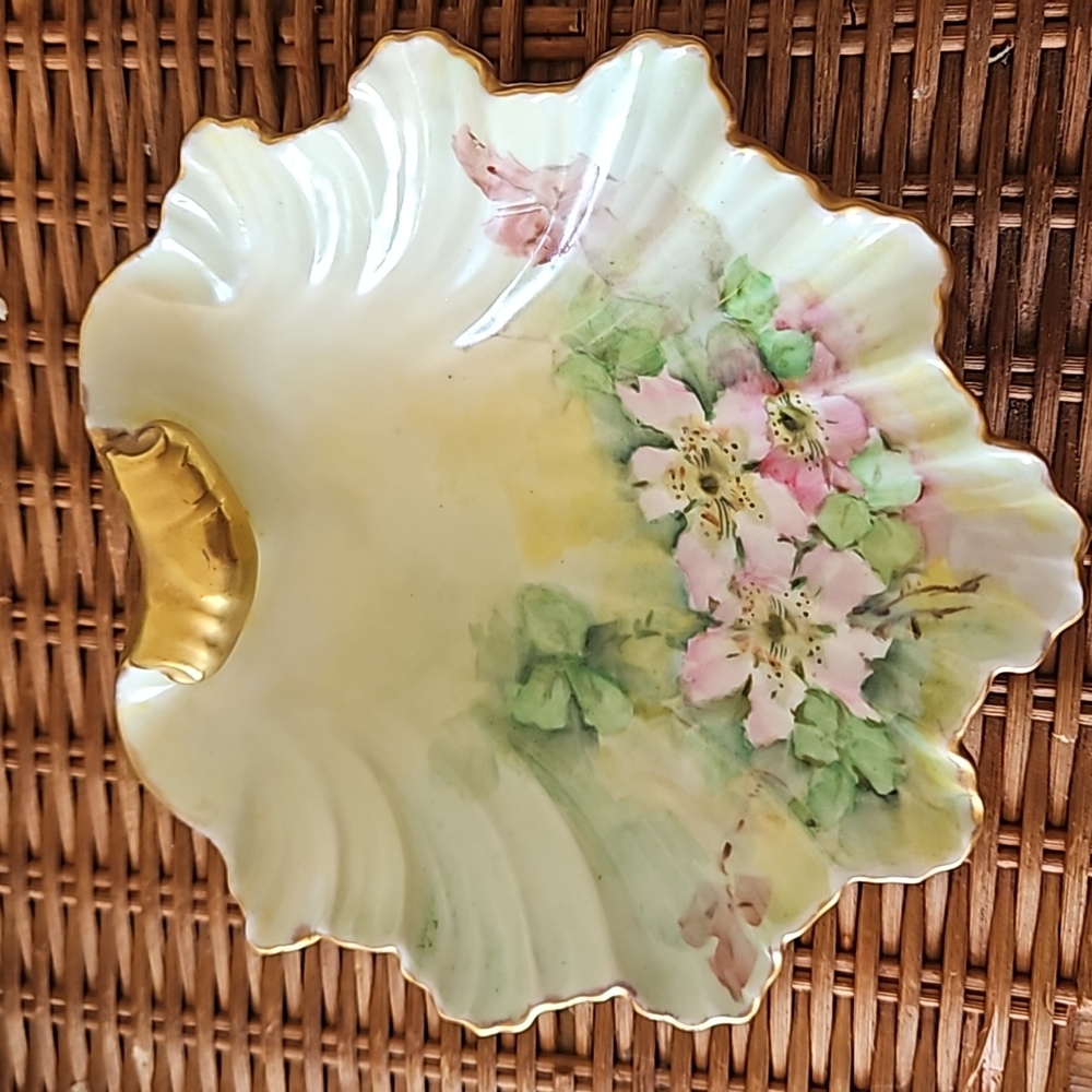 1910 marked Paris china shell dresser plate gold handle and  trim